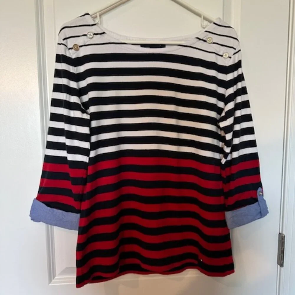 TOMMY HILFIGER RED, WHITE AND BLUE STRIPE TOP - Picture 1 of 5